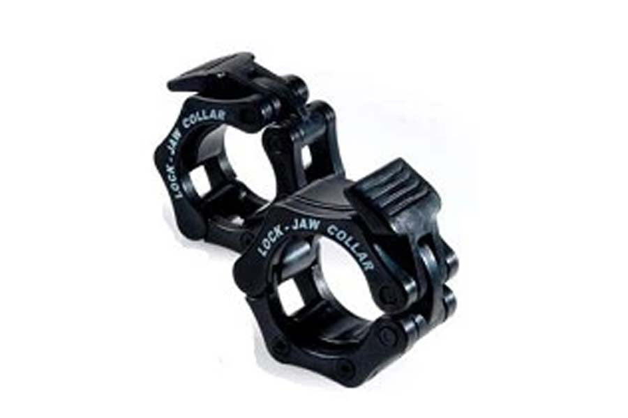 Pair of black lock jaw barbell collars with curved clamp design on white background