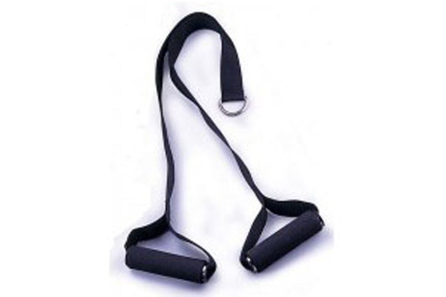 Black nylon stirrup strap handle with welded D rings and long webbing strap on white background