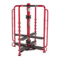 Red and black multi-station gym cage with cable machine, black foot plates, and weight pegs on white background