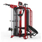 Red and black multi-station gym equipment with cable machines, digital display, and leg press platform on white background