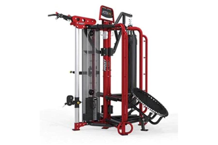 Red and black multi-station gym equipment with cable machines, digital display, and leg press platform on white background