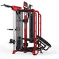 Red and black multi-station gym equipment with digital display, featuring leg press, chest press, and cable machines on white
