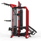 Red and black multi-station gym equipment with cable machines, leg press, and lat pulldown attachments on white background