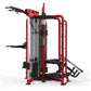 Red and black multi-station fitness equipment with cable machines, leg press, and pull-down attachment on white background