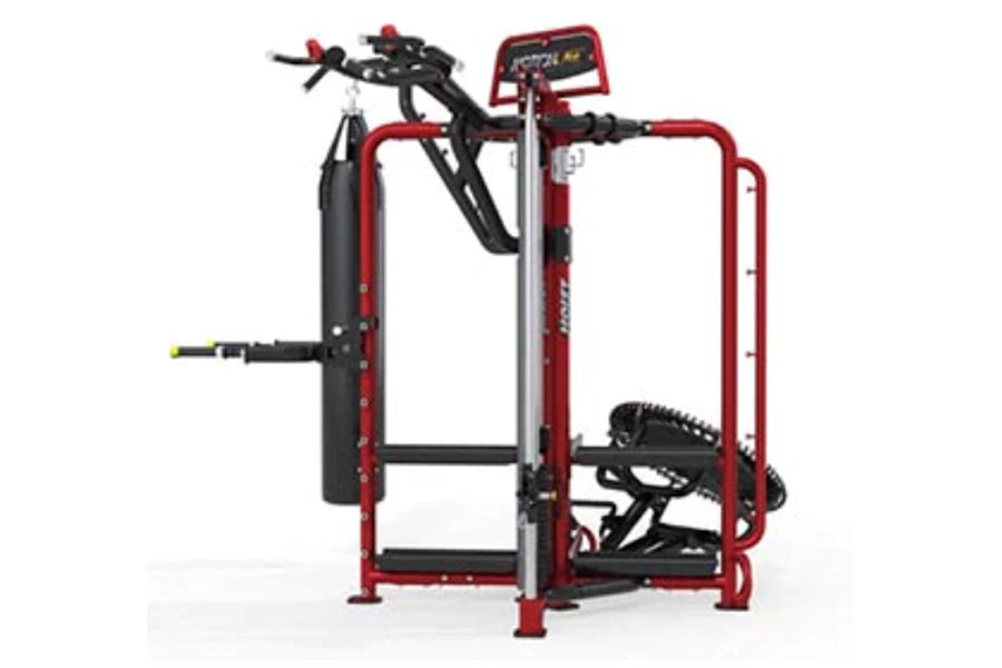 Red and black HOIST MCS-8003 Motioncage Studio Package 3 with dual exercise stations, stationary bike and elliptical machine 