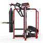 Red and black commercial multi-station gym equipment with punching bag, stationary bike, and treadmill attachments on white b