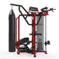 Red and black multi-station gym equipment with punching bag, cable stations, and leg press, on white background