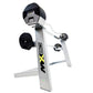 MX80 white and black adjustable barbell system with rapid change weight plates and curved curl bar attachment, displayed on w