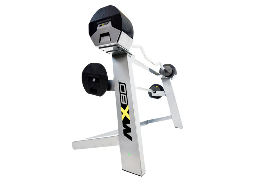 MX80 white and black adjustable barbell system with rapid change weight plates and curved curl bar attachment, displayed on w