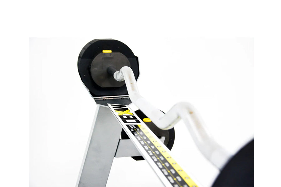 Black and yellow MX80 adjustable barbell system with rapid change mechanism and white collar, displayed on white background