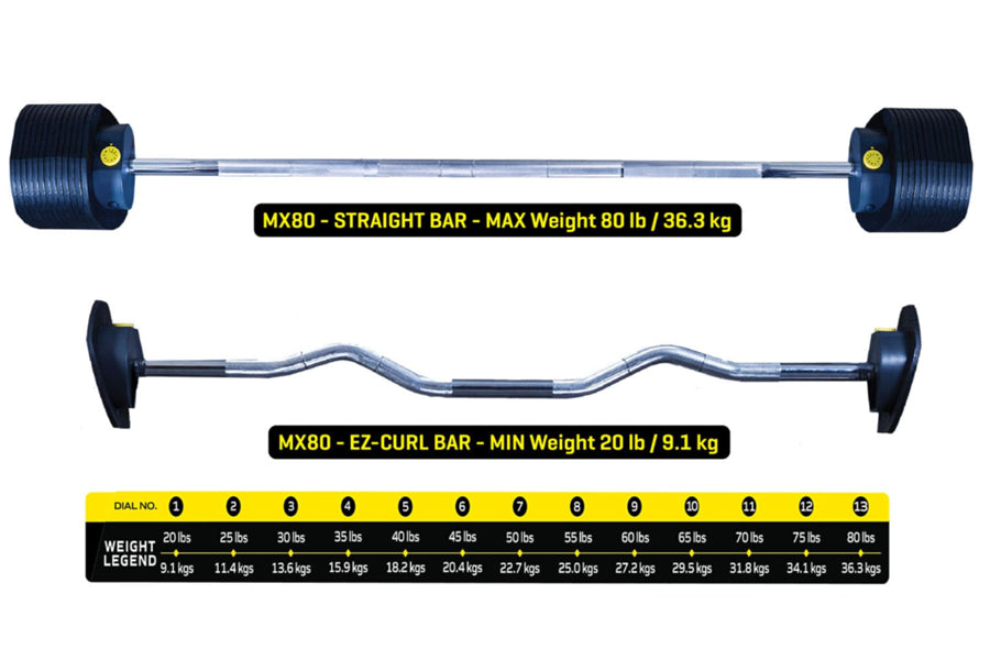 MX80 adjustable barbell system with straight bar and EZ-curl bar attachments, chrome finish with black rubber-coated weight p