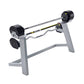 MX80 rapid change adjustable barbell system with black weight plates and gray metal frame on white background