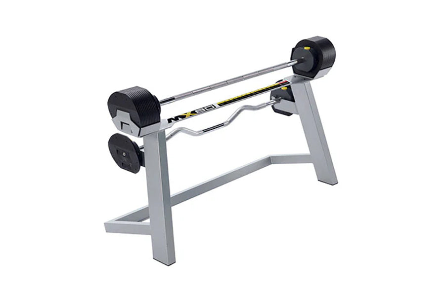 MX80 rapid change adjustable barbell system with black weight plates and gray metal frame on white background