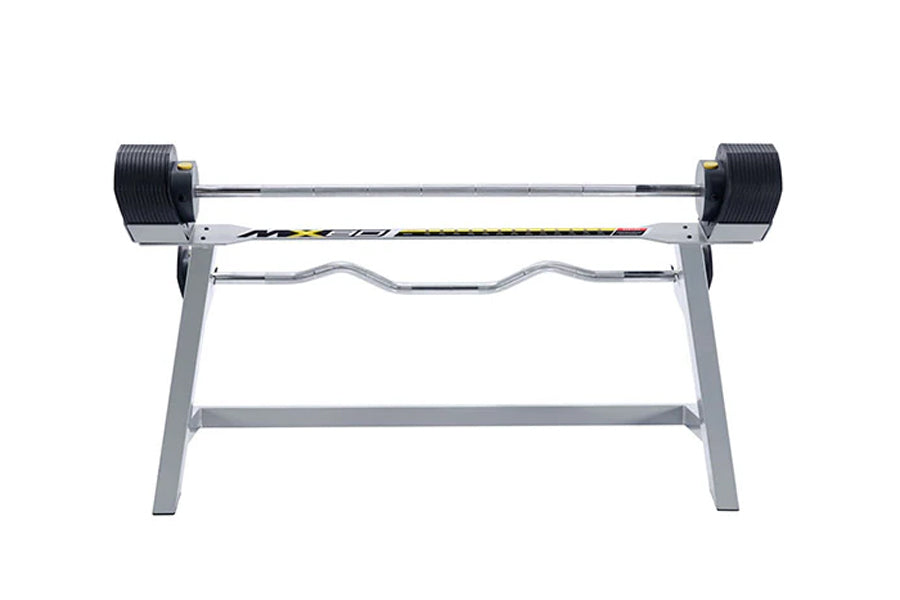 MX80 adjustable barbell and curl bar system with black rubber-coated weight plates and gray metal stand on white background