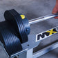 MX80 adjustable barbell with black rubber plates and chrome bar held by person's hand during workout