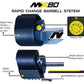 MX80 rapid change barbell system with black weight plates, blue mechanism, yellow selector dial and release button, shown in 