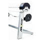MX80 adjustable barbell system with white tower base, black weight plates, and curl bar attachment on white background