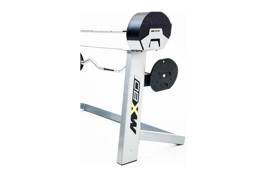 MX80 adjustable barbell system with white tower base, black weight plates, and curl bar attachment on white background