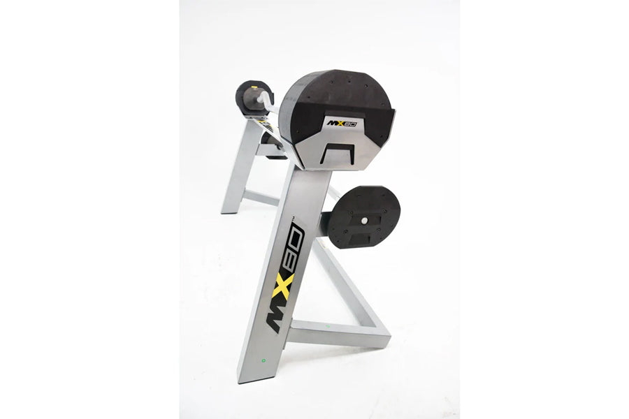 MX80 Rapid Change Adjustable Barbell System with black rotating weight plates and silver frame, on white background