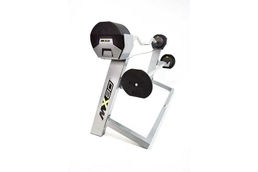 MX80 white and black adjustable barbell system with rapid change mechanism, dumbbells, and curl bar on white background