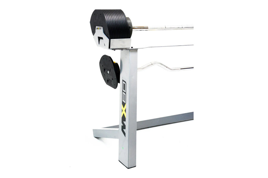MX80 white and gray adjustable barbell system with black weight plates, rapid change mechanism, and curl bar attachment on wh