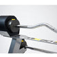 MX80 rapid change barbell system with black weight plates on gray stand, silver curl bar, and yellow accents on white backgro