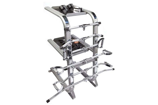 Troy Warrior Machine bar and cable accessory rack with silver frame, storage shelves, and chrome handles on white background