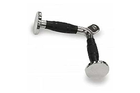 Stainless steel and black rubber lat pulldown bar attachment with dual handles, flat lay on white background