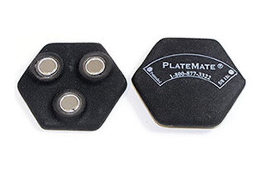 Warrior Magnetic Hex Add-on Plate in black with three silver snap buttons and PlateMate branding label, flat lay on white bac
