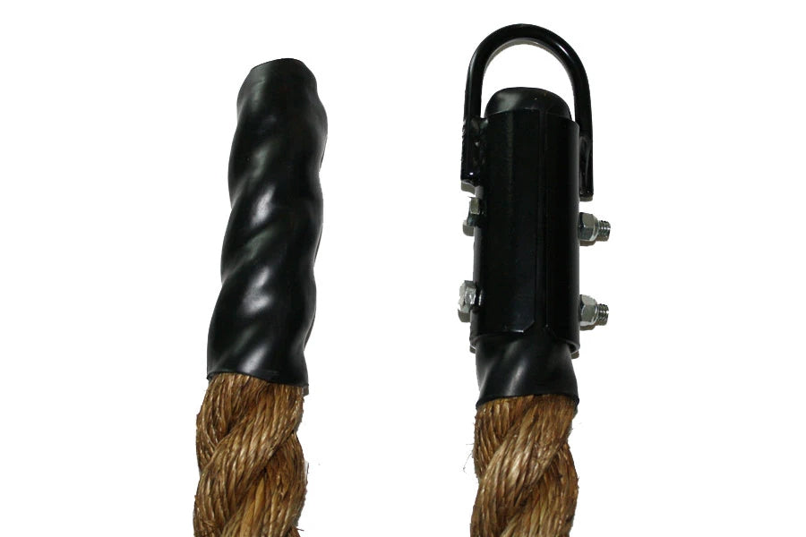 Black metal clamp with rope attachment hardware on Manila rope with wrapped poly ends, shown front and side view