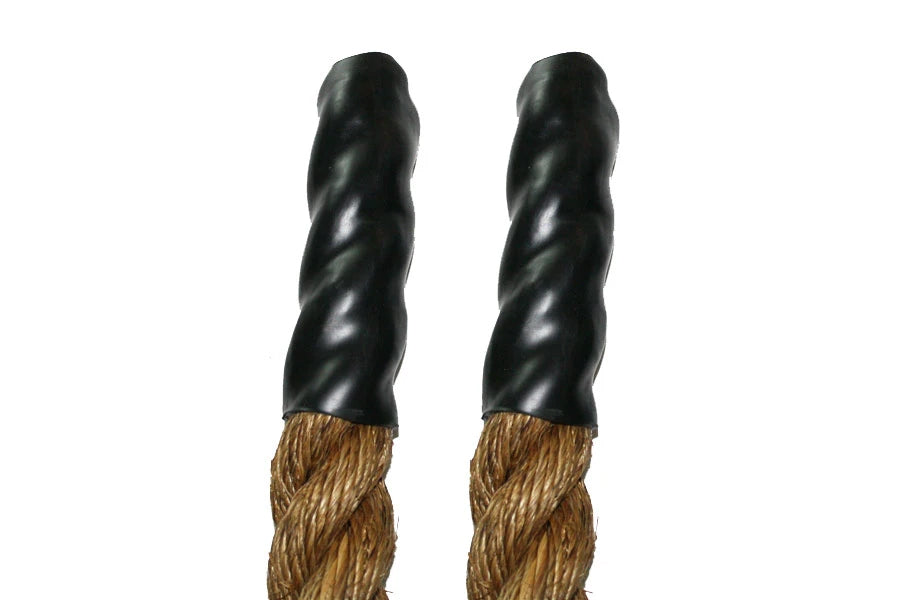 Pair of twisted manila ropes with black poly ends, displayed upright on white background