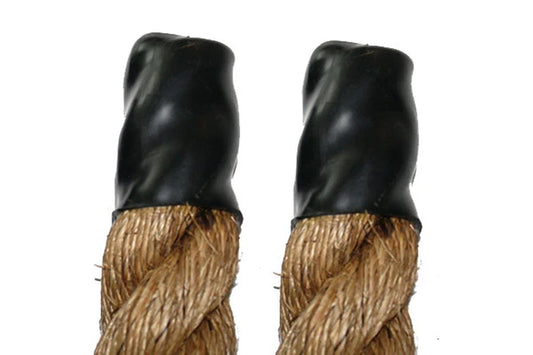 Black poly end caps on manila rope with 2 inch diameter, shown as pair on white background