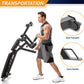 Man using black folding exercise bike with easy transport wheels and carry handle, shown with close-up details of portable fe