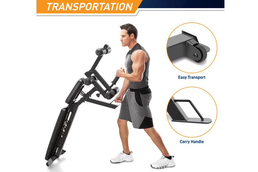 Man using black folding exercise bike with easy transport wheels and carry handle, shown with close-up details of portable fe