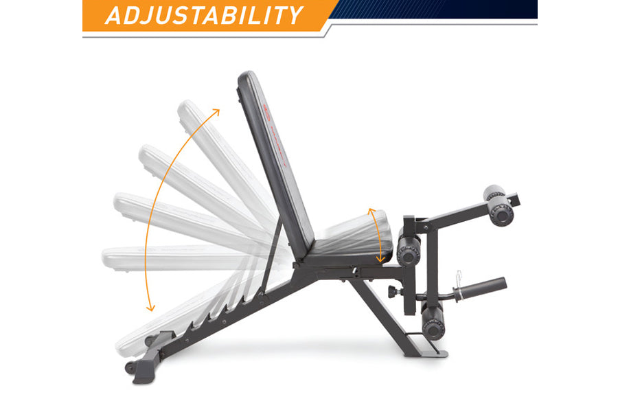 Marcy Deluxe Utility Weight Bench with adjustable backrest shown in multiple recline positions, black frame with gray padding