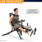 Man using black Marcy leg developer weight bench with padded seat and adjustable leg extension, weights not included