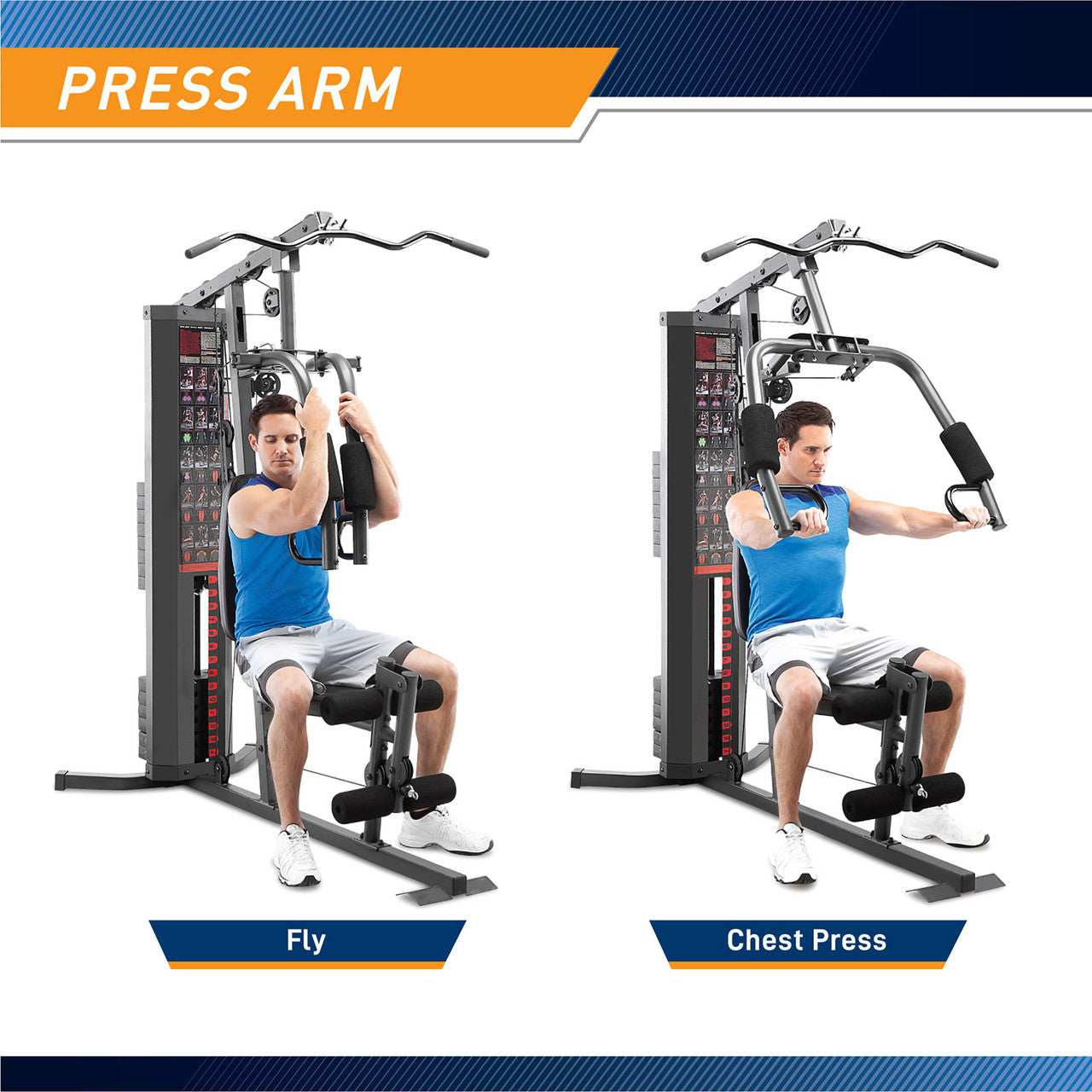 Marcy home gym machine with dual exercise demonstrations: fly and chest press positions, man in blue tank top using adjustabl