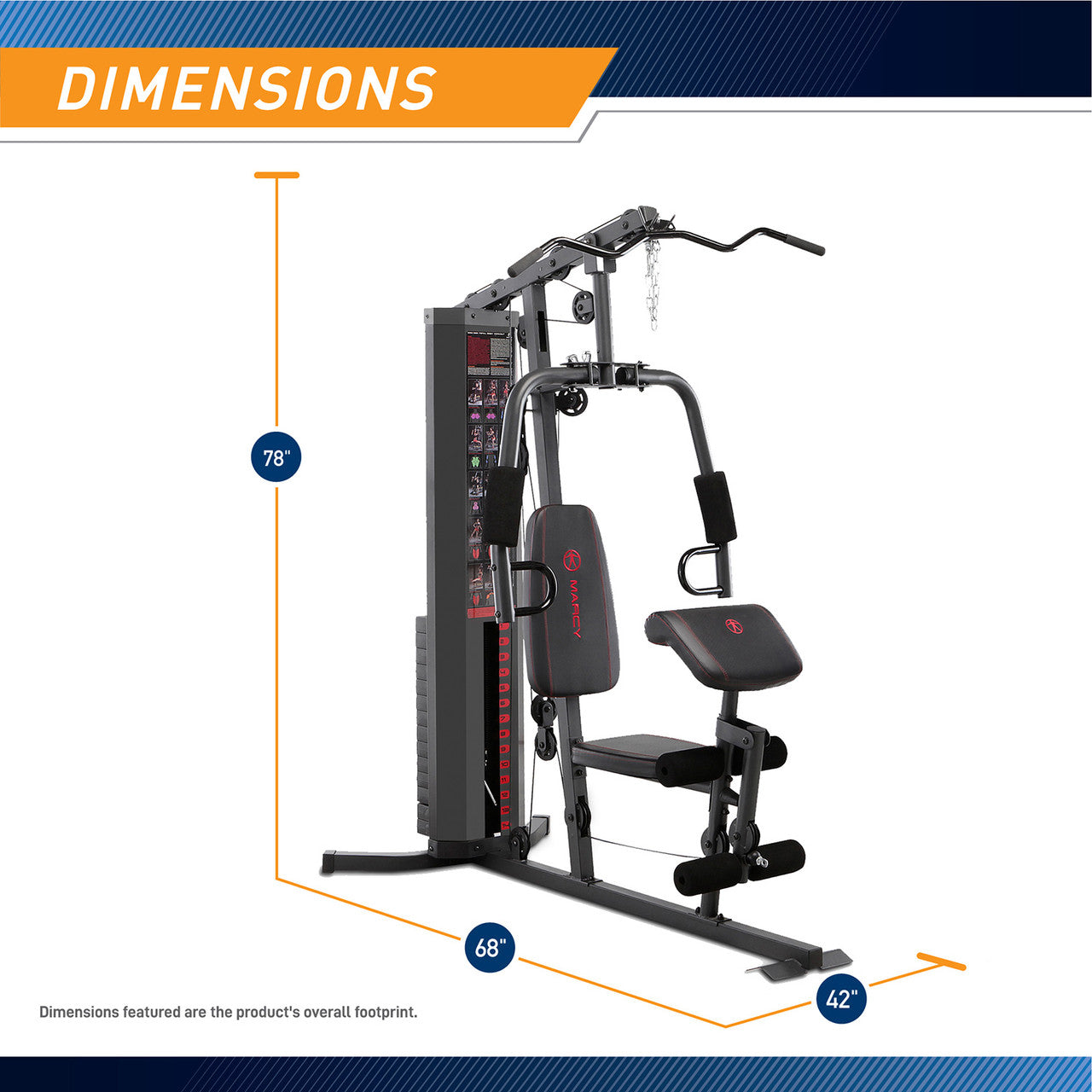 Black multi-station home gym with red accents, 78 inches tall, 68 inches wide, 42 inches deep, featuring weight stack, chest 