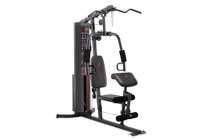 Black and gray multi-station home gym with 150lb weight stack, leg press, chest press, and lat pulldown on white background