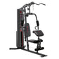 Black and red Marcy home gym machine with weight stack, chest press arms, leg extension footpad, and seat on white background
