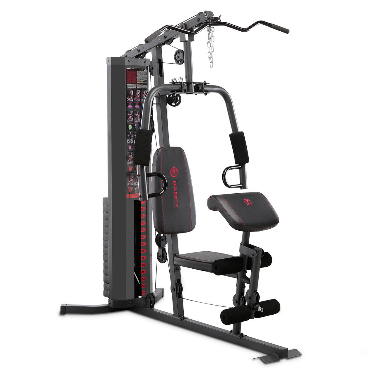 Black and red Marcy home gym machine with weight stack, chest press arms, leg extension footpad, and seat on white background