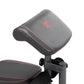Gaming chair backrest with gray mesh fabric, black leather trim, and red accent stitching, attached to black metal frame