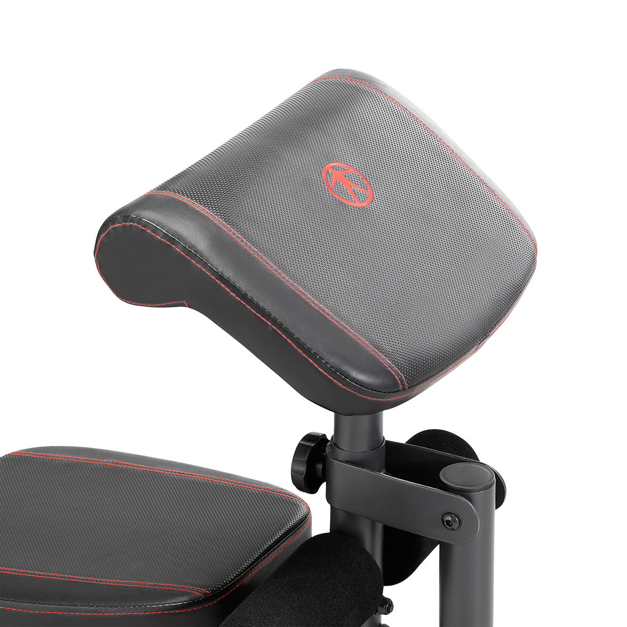 Gaming chair backrest with gray mesh fabric, black leather trim, and red accent stitching, attached to black metal frame