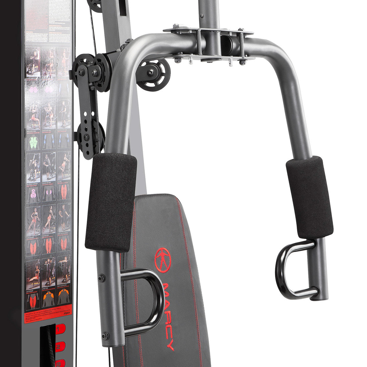 Marcy 150lb stack weight home gym with silver metal frame, black foam handles, and gray padded seat with red accents, on whit