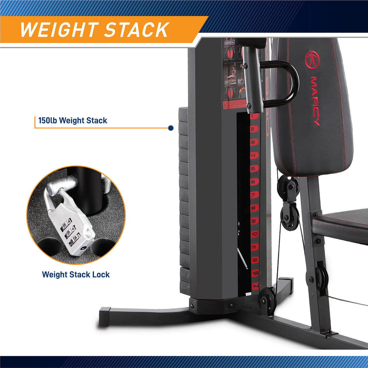 Marcy 150lb stack weight home gym machine with red accents and D-handle, showing weight stack lock detail on white background