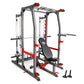 Marcy Pro Smith Machine home gym with gray steel frame, red accents, black bench seat, and safety stops on white background