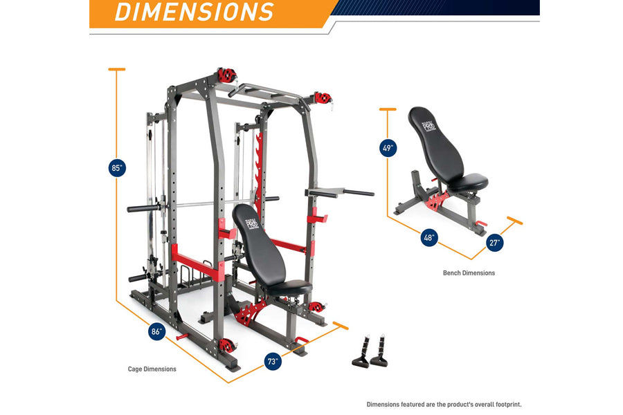 Gray and red smith machine cage with weight bar, 85" height, 86" width, 73" depth, includes black adjustable bench 48" wide a