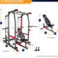 Marcy Pro Smith Machine home gym with red and gray steel frame, black seat pad, and dimension measurements labeled in inches