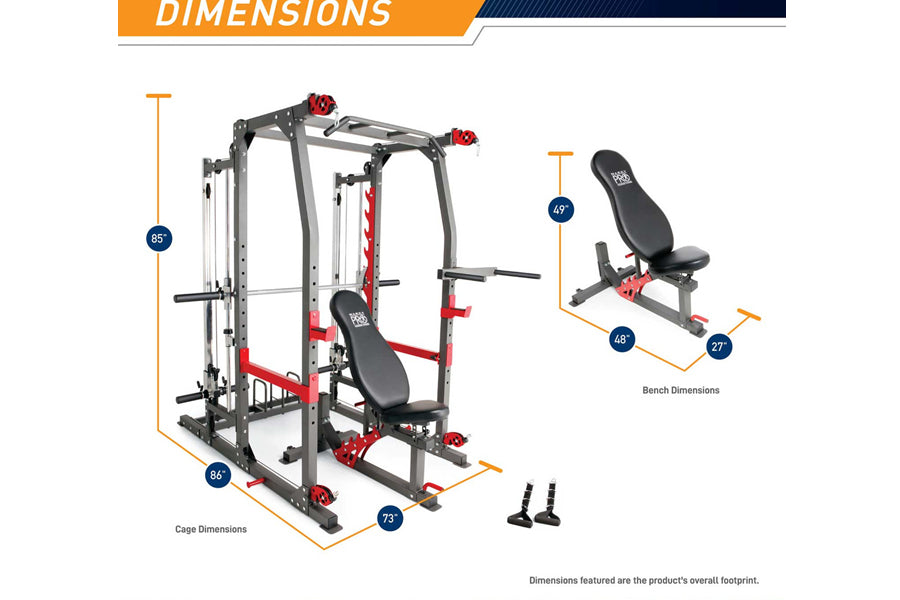 Marcy Pro Smith Machine home gym with red and gray steel frame, black seat pad, and dimension measurements labeled in inches
