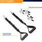 Smith machine cable attachment set with two black adjustable handles and four silver spring clips with black grips, flat lay 